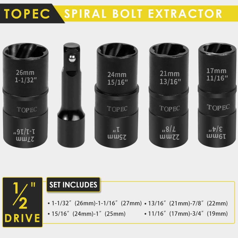 Topec Flip Edition Lug Nut Remover  5 Piece Wheel Lock Removal Kit for Removing Stripped  Damaged  Frozen  Rusted  Rounded-Off Bolts  Nuts & Screws and Other Fasteners  Double Size Extractor Socket - Image 2